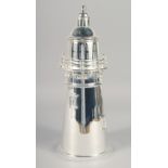 A PLATED LIGHTHOUSE SHAPE COCKTAIL SHAKER. 13.5" high