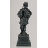 A SMALL CAST BRONZE FIGURE OF A MAN STANDING ON A PLINTH, with a goose in each arm. 15cm high