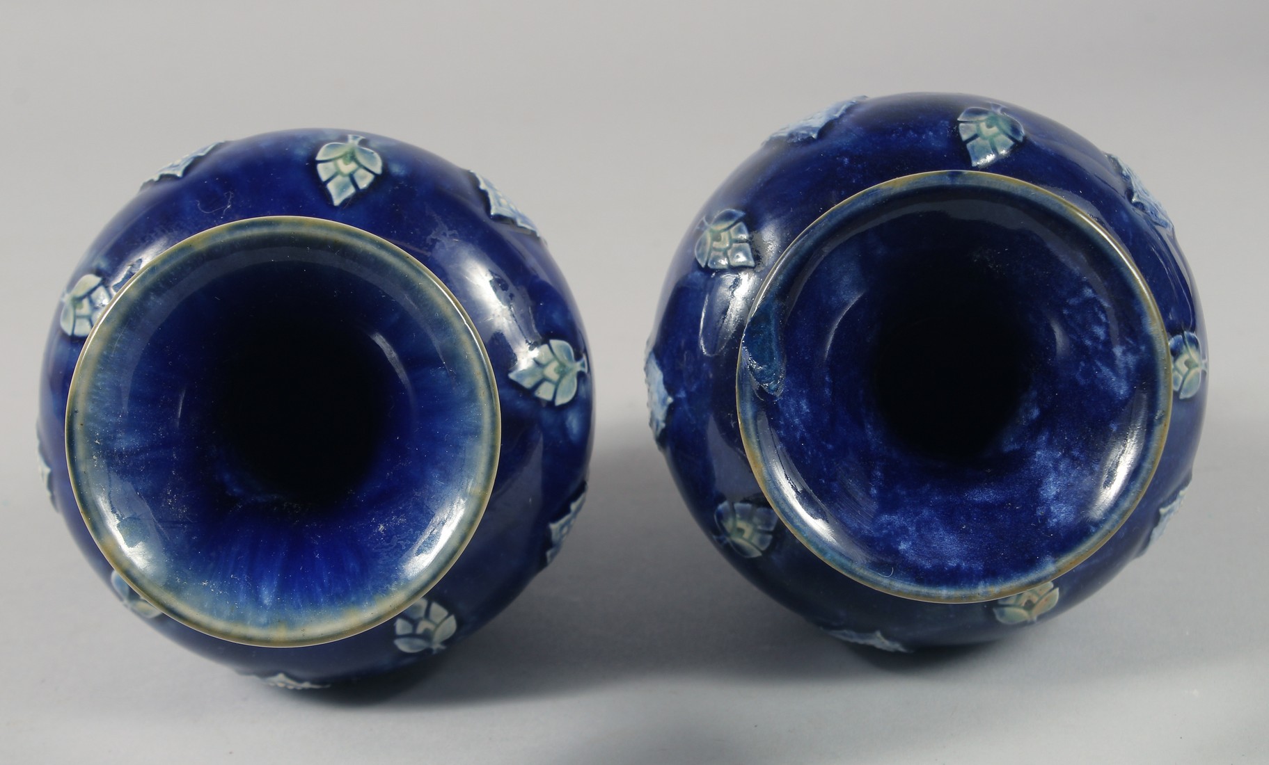 A PAIR OF ROYAL DOULTON STONEWARE BLUE VASES. 8ins high. - Image 4 of 5