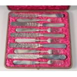 A GOOD SET OF SIX AGATE HANDLED KNIVES AND FORKS.