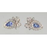 A GOOD PAIR OF 9ct. GOLD DIAMOND AND TANZANITE EARRINGS.