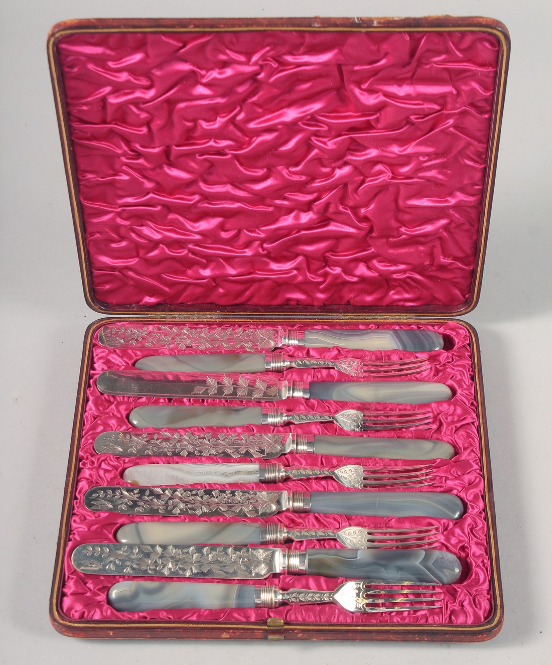 A GOOD SET OF SIX AGATE HANDLED KNIVES AND FORKS. - Image 3 of 3