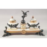 AN EMPIRE STYLE GILT BRONZE AND MARBLE DESK STAND 11.5ins wide.