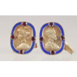 A PAIR OF RUSSIAN SILVER AND ENAMEL CUFFLINKS depicting the busts of a man and woman.