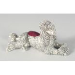 A SILVER-PLATED POODLE PIN CUSHION, 8cm.