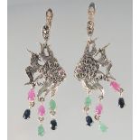 A PAIR OF SILVER RUBY, EMERALD, SAPPHIRE ANGEL FISH EARRINGS.