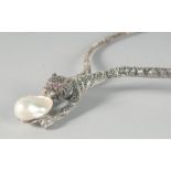 A SILVER BAROQUE PEARL PANTHER NECKLACE.