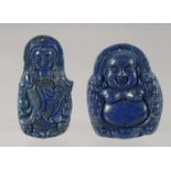 TWO CHINESE CARVED LAPIS PENDANTS 5ins & 5.5ins high.