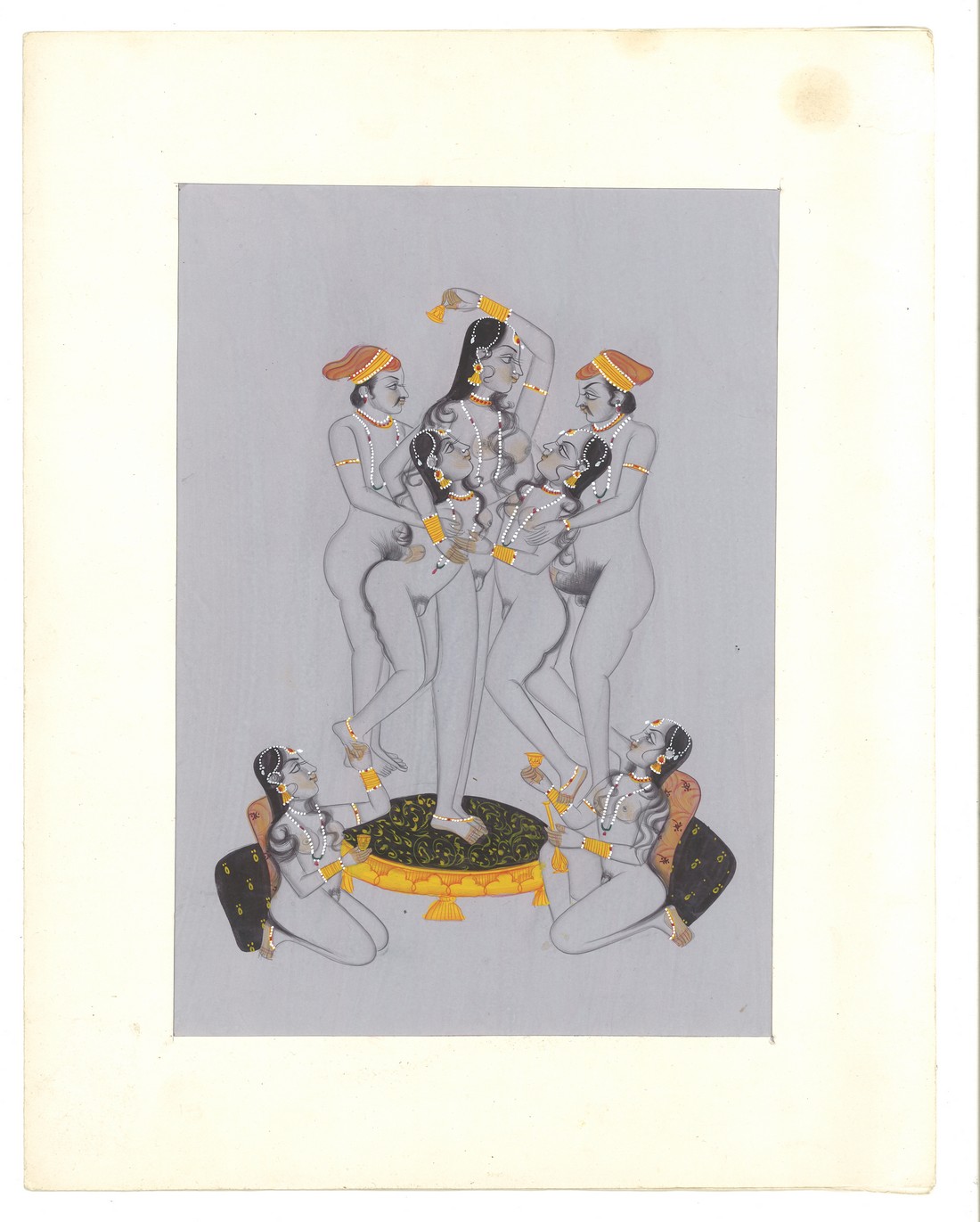 A LATE 19TH CENTURY INDIAN EROTIC PAINTING ON PAPER, depicting two men and five ladies wearing - Image 2 of 2