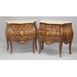 A PAIR OF FRENCH STYLE MAHOGANY AND MARQUETRY MARBLE TOP, THREE DRAWER COMMODES. 2ft 10ins wide x