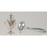 A THREE HANDLED PEPPER POT AND GAVEL SALT AND PEPPER.