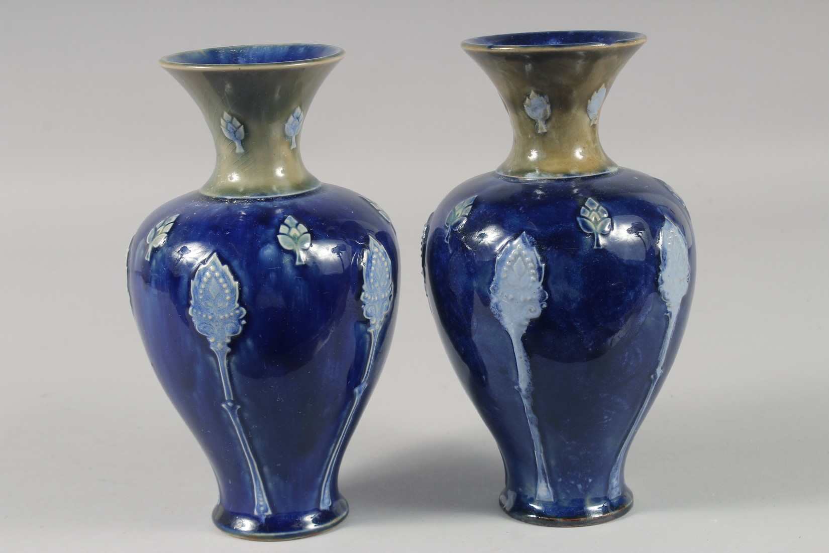 A PAIR OF ROYAL DOULTON STONEWARE BLUE VASES. 8ins high. - Image 2 of 5