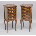 A PAIR OF FRENCH STYLE MAHOGANY AND MARQUETRY FOUR DRAWER BEDSIDE CHESTS. 2ft 7.5ins high x 1ft 1ins