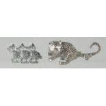 TWO SILVER AND MARCASITE CAT BROOCHES.