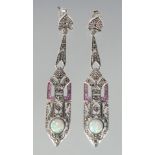 A PAIR OF SILVER OPAL SET LONG DROP EARRINGS.