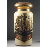 A GOOD LARGE VICTORIAN OPAQUE GLASS CHEMISTS JAR "SULPHUR", with gilded glass cover,m gilded and