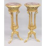A PAIR OF GILTWOOD AND ROUGE MARBLE CIRCULAR PEDESTAL STANDS, with curving legs. 3ft 2ins high x 1ft