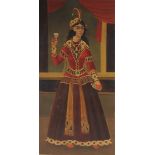 A PERSIAN QAJAR OIL PAINTING ON CANVASS, depicting a dancer, unframed, 100cm x 50cm.