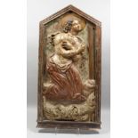 A LATE 17TH CENTURY CARVED WOOD AND POLYCHROME PANEL OF A SAINT