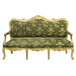 A FRENCH STYLE GILTWOOD FRAMED SETTEE. 6ft 3ins long.