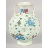 A CHINESE WUCAI PORCELAIN TWIN HANDLE 'CHICKEN' MOONFLASK, character mark to base, 20cm high.