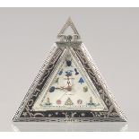 A SILVER CASED MASONIC STYLE TRIANGULAR SHAPED POCKET WATCH. 5cm high