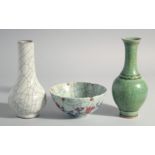 TWO CHINESE CRACKLE GLAZE VASES, 7.5ins & 7ins high, and a circular bowl 5ins high. (3).