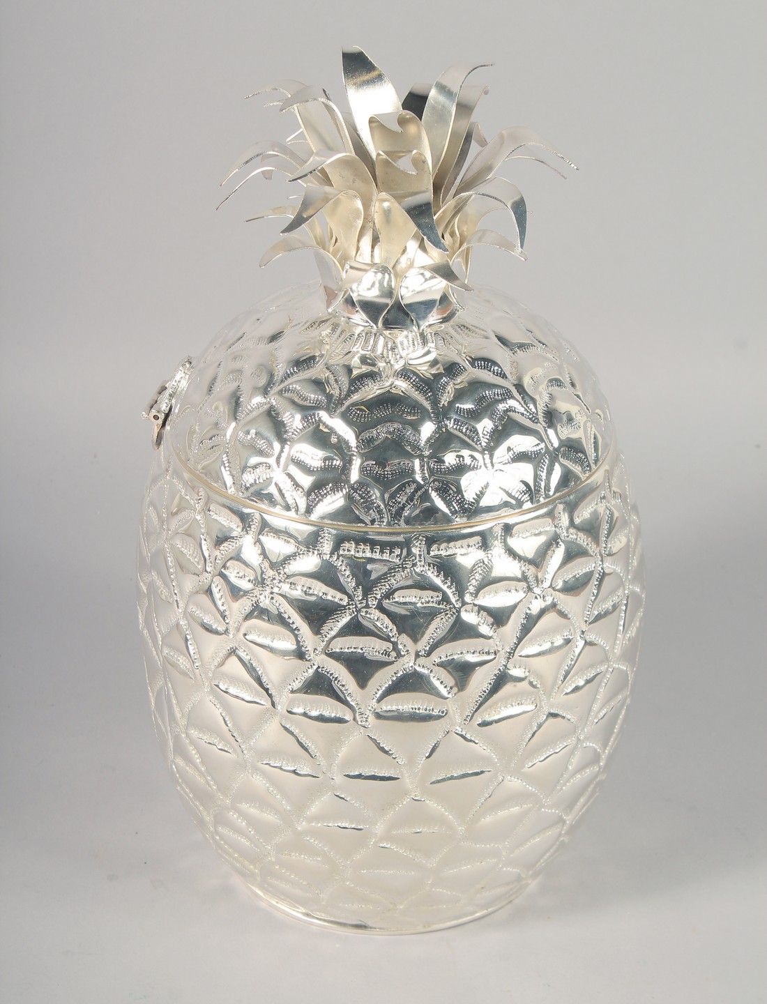 A PINEAPPLE SHAPED PLATED ICE BUCKET. 13" high