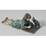 A COLD PAINTED BRONZE GIRL AND CAT. 10cm