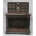 A VERY GOOD 19TH CENTURY CONTINENTAL ROSEWOOD, EBONY AND IVORY INLAID VARGUENO, the upper section