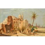A 19TH CENTURY, FIGURES SEATED ON A TERRACE IN AN EASTERN CITY, oil on canvas, signed with the