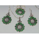 A THREE PIECE SILVER AND GREEN CHALCEDONY SET, pendant, earrings and ring.