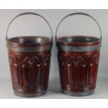 A GOOD PAIR OF GEORGIAN STYLE MAHOGANY AND BRASS PEA BUCKETS with swing handles. 18ins high