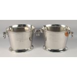 A PAIR OF OVAL METAL WINE COOLERS WITH RING HANDLES. 15" wide
