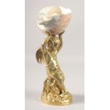 A 19TH CENTURY GILDED BRONZE CUPID holding a shell. 14ins high.