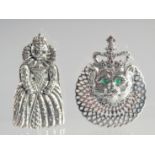 TWO SILVER ROYAL QUEEN CAT BROOCHES AND PENDANT. (3)