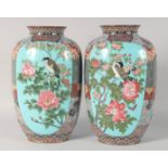 A PAIR OF LARGE JAPANESE CLOISONNE VASES, Meiji period, decorated with panels of birds and native