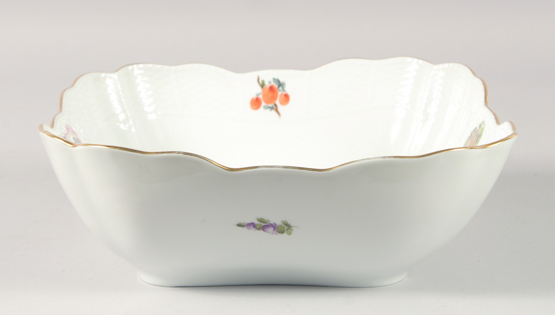 A HEREND SQUARE FRUIT BOWL painted with fruits and nuts. No. 180 BFR. 10ins wide. - Image 5 of 5