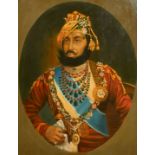 AN EARLY 20TH CENTURY INDIAN SCHOOL, A HEAD AND SHOULDERS PORTRAIT OF A MAHARAJAH, oil on canvas,