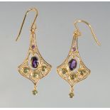 A PAIR OF SILVER AND GOLD-PLATED AMETHYST, DIAMOND AND PERIDOT DROP EARRINGS.