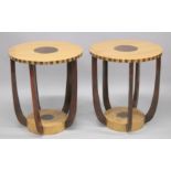 A PAIR OF ART DECO STYLE CIRCULAR OCCASIONAL TABLE with inlaid decoration. 1ft 11.5ins diameter x