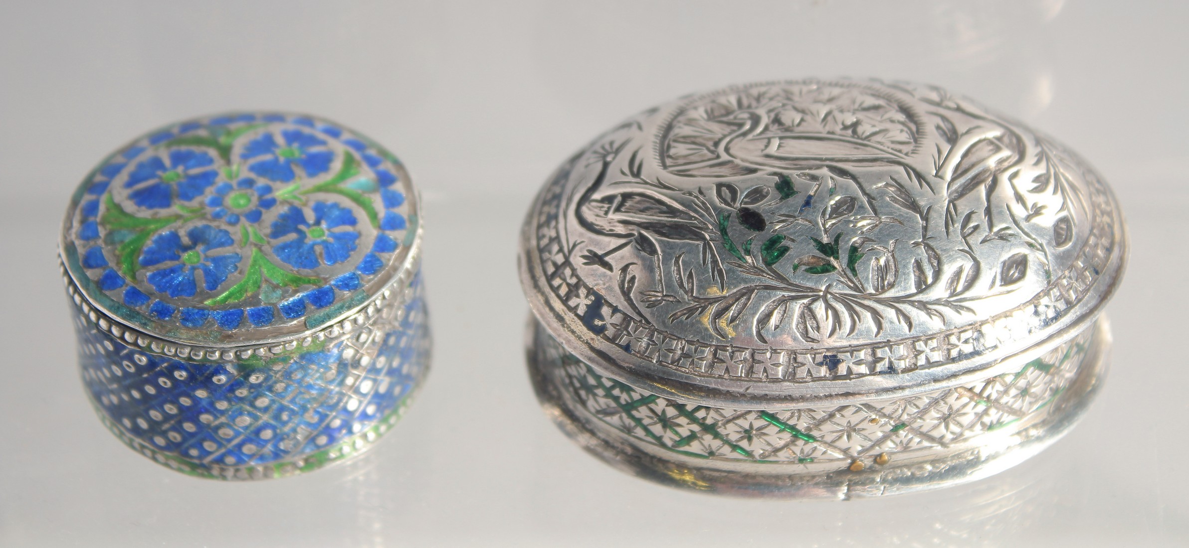 TWO 18TH/19TH CENTURY MUGHAL INDIAN LUCKNOW ENAMELLED SILVER SNUFF BOXES, 6cm wide and 3.5cm, (2).