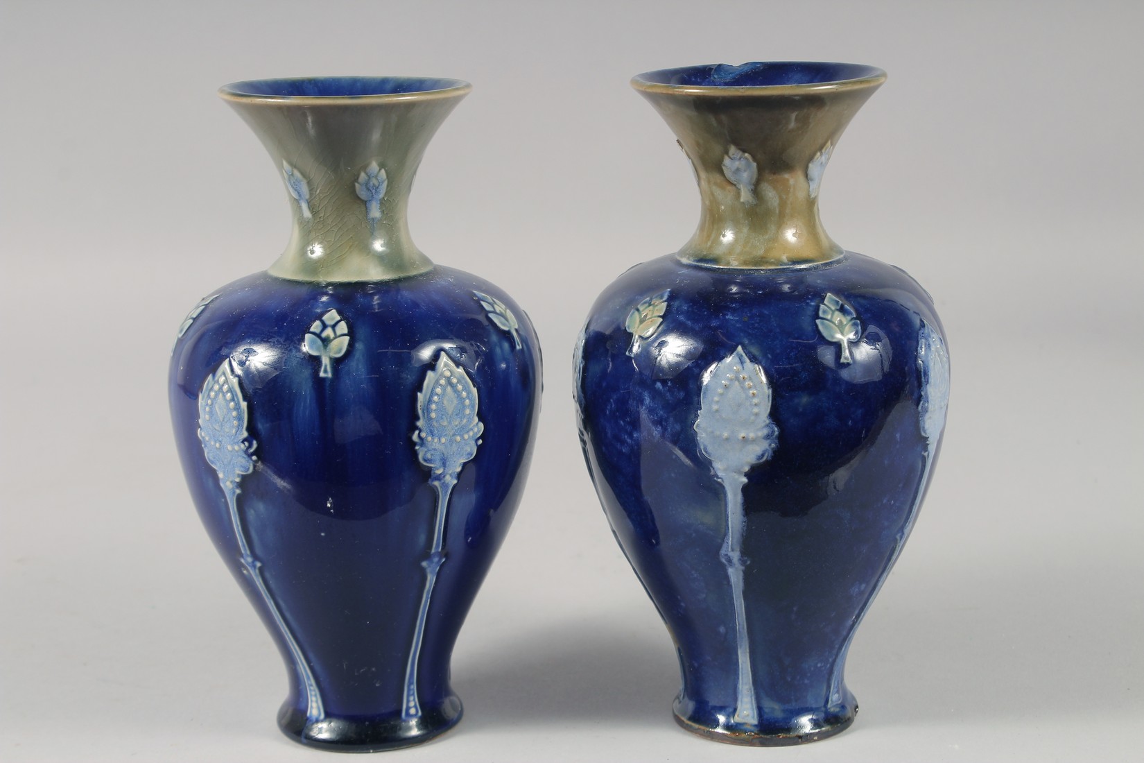 A PAIR OF ROYAL DOULTON STONEWARE BLUE VASES. 8ins high. - Image 3 of 5