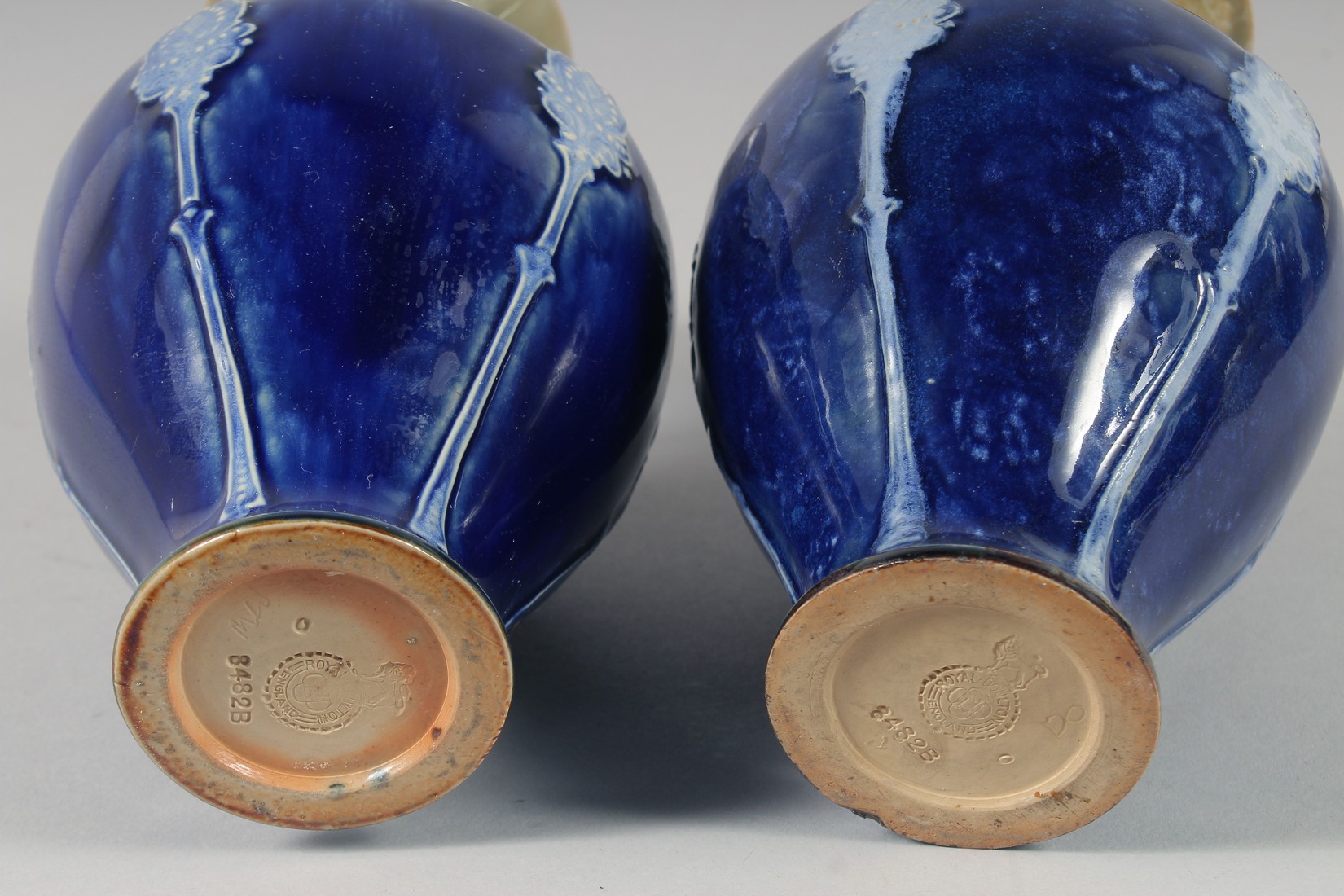 A PAIR OF ROYAL DOULTON STONEWARE BLUE VASES. 8ins high. - Image 5 of 5