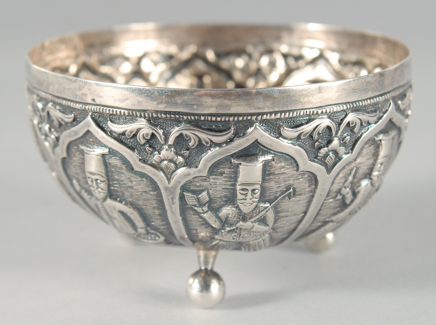 AN UNUSUAL 19TH CENTURY OTTOMAN GREEK OR ARMINIAN SILVER BOWL, with embossed and chased decoration