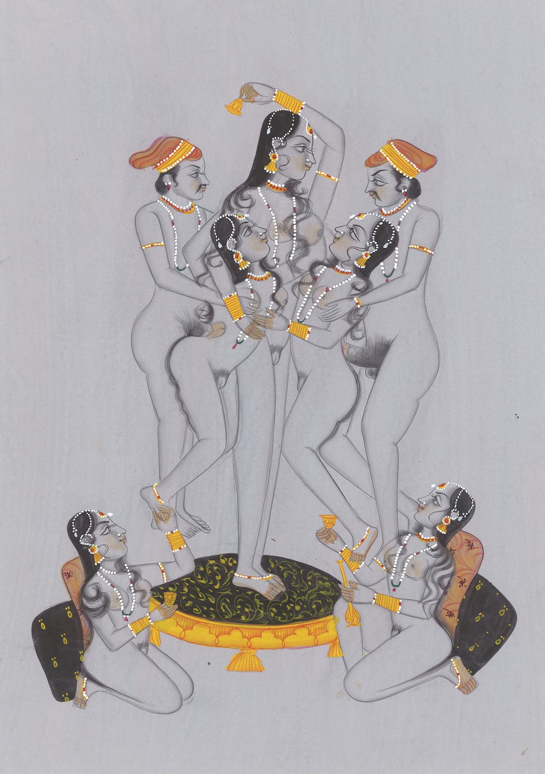 A LATE 19TH CENTURY INDIAN EROTIC PAINTING ON PAPER, depicting two men and five ladies wearing