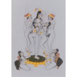 A LATE 19TH CENTURY INDIAN EROTIC PAINTING ON PAPER, depicting two men and five ladies wearing