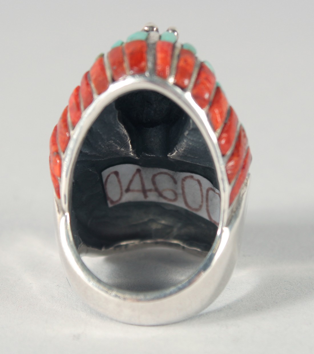 A SILVER EGYPTIAN OPAL, CORAL AND TURQUOISE RING. - Image 2 of 2