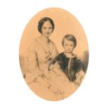 Circle of Winterhalter, Portrait of mother and son, charcoal, in an oval verre eglomise mount, 16" x