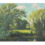 Rudolf Onslow Ford (b. circa 1880), a tree lined river landscape, signed and inscribed on the